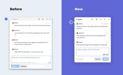 Split image showing comparison between on page comment pop-up design before the redesign and after the redesign. 