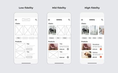 Example of low fidelity, mid fidelity, and high fidelity mobile app wireframe