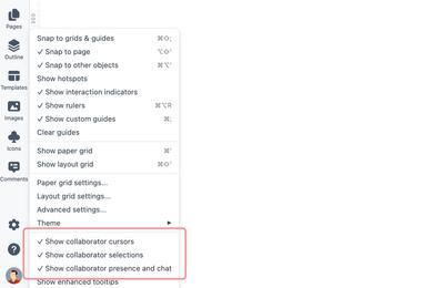 Show or hide collaborator cursors, selections, or presence and chat options