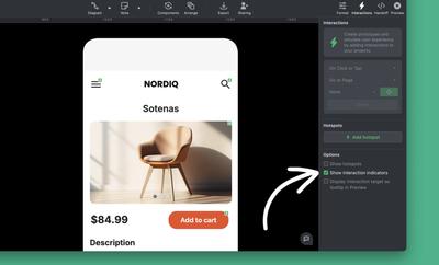 Moqups 'Show interaction indicators' option in the Interactions Panel