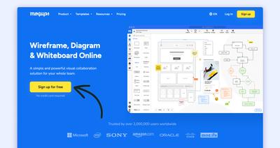 Moqups landing page with arrow pointing to the Sign Up button