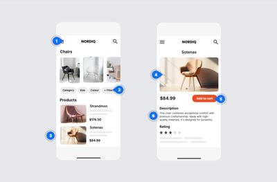 Two high fidelity mobile app screens side by side, with comments around them