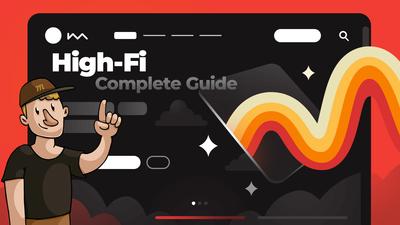 Illustration showing a designer pointing to a high-fidelity design behind him.