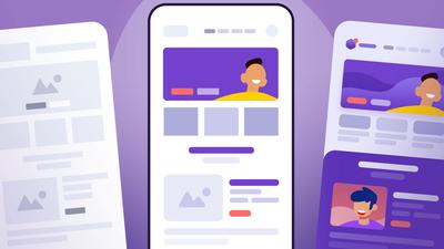 Illustrated visual showing low to mid to high fidelity progress of a mobile screen.