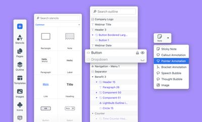 Stylized image showing the redesigned Stencils and Format panels in Moqups. 