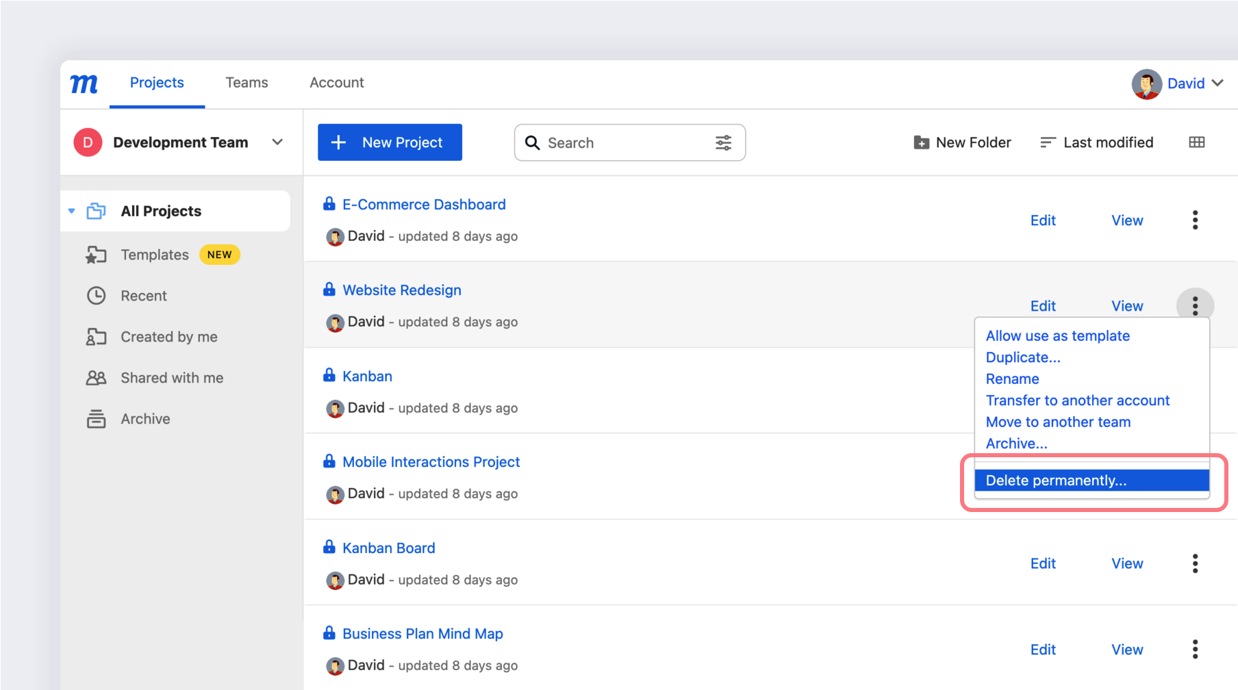 Archive, delete, recover projects - Delete Project